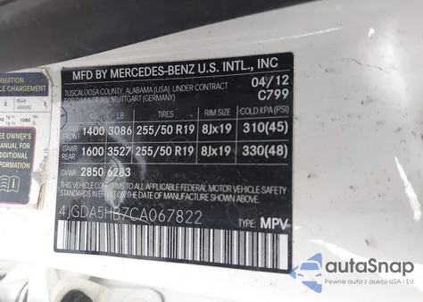 2012 Mercedes-Benz Ml 350 4Matic из США, поврежденный, VIN 4JGDA5HB7CA067822